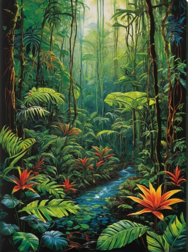 rainforest,rain forest,tropical jungle,amazonian oils,forest floor,valdivian temperate rain forest,forest landscape,tropical bloom,tropical and subtropical coniferous forests,pachamama,oil painting on canvas,david bates,jungle,oil on canvas,riparian forest,the forests,garden of eden,forest plant,costa rica,dominica,Illustration,Realistic Fantasy,Realistic Fantasy 33