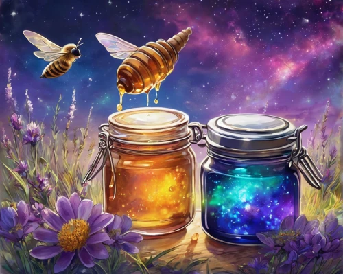 honey jars,honey jar,beekeepers,honey bees,honey bee home,apiary,beekeeping,honeybees,beekeeper,bees,bee farm,flower honey,honey bee,two bees,fireflies,honeybee,honey products,bumblebees,western honey bee,bee colonies,Illustration,Realistic Fantasy,Realistic Fantasy 20