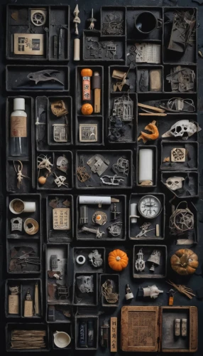 old suitcase,assemblage,compartments,steamer trunk,a drawer,dark cabinetry,toolbox,collected game assets,attache case,antique background,organization,dark cabinets,clutter,objects,treasure chest,leather suitcase,chest of drawers,cupboard,antiquariat,vanitas,Unique,Design,Knolling