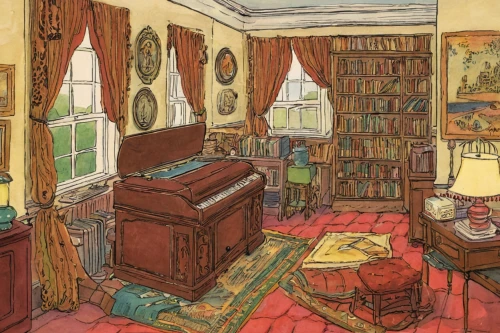 reading room,study room,danish room,sitting room,wade rooms,playing room,bedroom,livingroom,the little girl's room,children's bedroom,ornate room,bookshelves,writing desk,living room,consulting room,book illustration,room,interiors,secretary desk,an apartment,Illustration,Retro,Retro 22