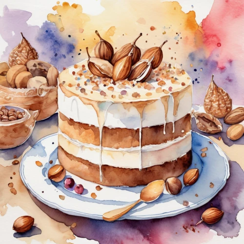 nut cake,carrot cake,danish nut cake,tiramisu,apple cake,almond bread,colomba di pasqua,banoffee pie,mille-feuille,dulce de leche,autumn cupcake,layer nougat,clipart cake,aquafaba,petit gâteau,coffee watercolor,a cake,snack cake,nut-nougat cream,almond meal,Illustration,Paper based,Paper Based 25