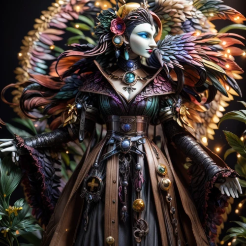 the carnival of venice,fairy peacock,baroque angel,artist's mannequin,suit of the snow maiden,peacock,raven sculpture,voodoo woman,the enchantress,costume design,decorative figure,masquerade,taiwanese opera,png sculpture,designer dolls,fairy queen,priestess,faerie,ancient costume,celtic queen