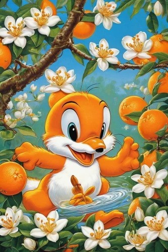 kumquats,kumquat,flower animal,donald duck,duckling,brahminy duck,goldfish,cheery-blossom,tommie crocus,ducky,cayuga duck,ornamental duck,cute cartoon image,mandarin mandarin,flower painting,lily water,diamond mandarin,children's background,orange blossom,cute cartoon character,Illustration,Retro,Retro 18