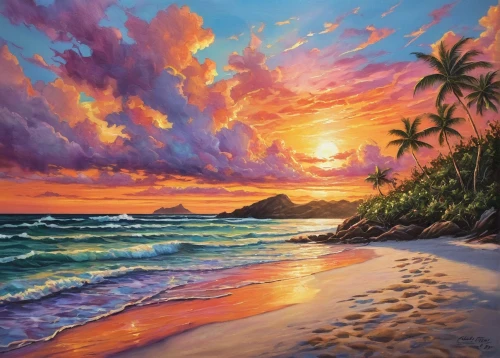 beach landscape,sunset beach,sunrise beach,luau,tropical beach,kauai,coastal landscape,maui,oahu,beach scenery,painting technique,coast sunset,aloha,oil painting on canvas,tropical sea,molokai,mountain beach,oil painting,dream beach,waikiki beach,Illustration,Paper based,Paper Based 09