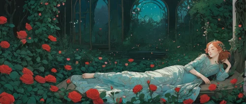 girl in the garden,the sleeping rose,girl lying on the grass,sleeping rose,rosebushes,secret garden of venus,idyll,girl in flowers,cinderella,in the garden,fairy tale,rusalka,a fairy tale,fairytales,lily of the field,fairy tales,scent of roses,children's fairy tale,alice in wonderland,wild strawberries,Illustration,Realistic Fantasy,Realistic Fantasy 12
