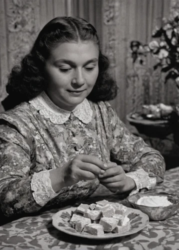 woman holding pie,lillian gish - female,woman eating apple,girl with cereal bowl,shirley temple,ingrid bergman,mincemeat,chipped beef,the girl in nightie,olivia de havilland,thirteen desserts,wild strawberries,suet pudding,cherimoya,mary pickford - female,jean simmons-hollywood,tartiflette,silver cutlery,confectioner sugar,1940 women,Photography,Black and white photography,Black and White Photography 12
