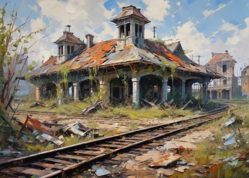 abandoned train station,railroad station,abandoned place,abandoned places,train depot,lost place,train station,the train station,lostplace,abandoned,old railway station,bodie island,lost places,abandoned house,dilapidated building,abandoned building,freight depot,locomotive roundhouse,dilapidated,train cemetery,Conceptual Art,Oil color,Oil Color 10