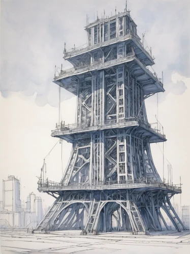 steel tower,oil platform,oil rig,very large floating structure,stalin skyscraper,cellular tower,scaffolding,skyscraper,the skyscraper,tower of babel,blueprint,eiffel tower under construction,industrial landscape,stalinist skyscraper,concept art,refinery,steel scaffolding,electric tower,kirrarchitecture,blueprints,Illustration,Paper based,Paper Based 17