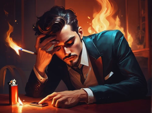 mafia,game illustration,burning cigarette,fire artist,tony stark,magician,suit of spades,gambler,vector illustration,twitch icon,smoking man,fire background,smouldering torches,gentleman icons,digital painting,chess player,wick,world digital painting,hand digital painting,dealer,Conceptual Art,Fantasy,Fantasy 21