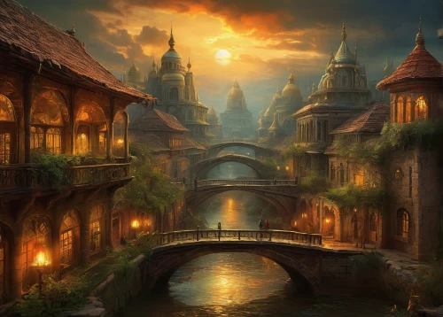 fantasy landscape,fantasy picture,fantasy city,fantasy art,ancient city,world digital painting,medieval town,fantasy world,3d fantasy,city moat,old city,city scape,canals,old town,colmar,beautiful buildings,bremen,hamelin,aurora village,shanghai disney,Art,Classical Oil Painting,Classical Oil Painting 18