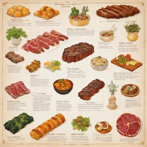 meat chart,meat products,charcuterie,cured meat,meat analogue,foods,food icons,chinese sausage,sheet pan,eastern european food,western food,sausage plate,salt-cured meat,antipasto,foodstuffs,food collage,meats,cold cuts,salumi,types of bread,Art,Classical Oil Painting,Classical Oil Painting 32