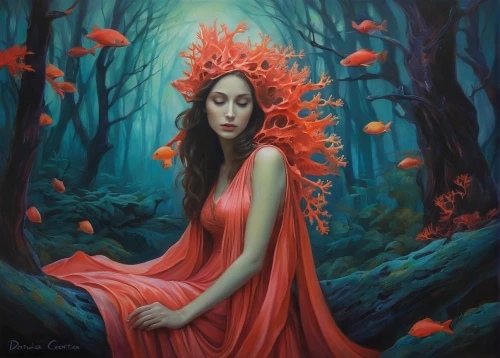 coral bells,mystical portrait of a girl,dryad,rusalka,kahila garland-lily,girl with tree,oil painting on canvas,schopf-torch lily,deep coral,fantasy art,fantasy portrait,faery,girl in flowers,oil painting,western red lily,orange blossom,flora,faerie,coral bush,red magnolia,Illustration,Realistic Fantasy,Realistic Fantasy 30