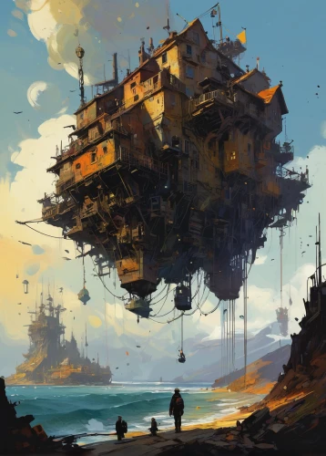 ship wreck,airships,floating island,airship,floating huts,floating islands,island suspended,artificial island,dreadnought,gunkanjima,futuristic landscape,hanging houses,hashima,cube stilt houses,air ship,sunken ship,dock landing ship,pirate ship,shipwreck,concrete ship,Conceptual Art,Sci-Fi,Sci-Fi 01