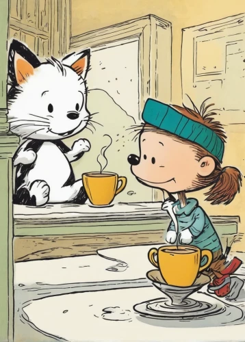 cat drinking tea,tea party cat,pouring tea,kate greenaway,drinking coffee,cat's cafe,teatime,tea drinking,in the bowl,cat coffee,café au lait,coffee with milk,teacup,a cup of tea,tea party,drinking milk,cute cartoon image,tea time,snoopy,cat drinking water,Illustration,Children,Children 02
