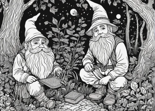 gnomes,elves,hanging elves,druids,gnomes at table,coloring pages,foragers,children's fairy tale,dwarves,fairytale characters,coloring pages kids,scandia gnomes,forest workers,dwarfs,coloring page,druid grove,the night of kupala,fairy tales,book illustration,arrowroot family,Illustration,Black and White,Black and White 19