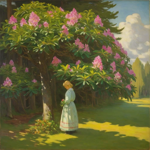 rhododendron,linden blossom,magnolia,girl in the garden,rhododendrons,girl with tree,pacific rhododendron,blossoming apple tree,cape jasmine,magnolia tree,magnolia trees,girl picking flowers,in the early summer,camellias,azaleas,bush magnolia,lilac tree,girl in flowers,tulpenbaum,tulip tree,Art,Classical Oil Painting,Classical Oil Painting 20