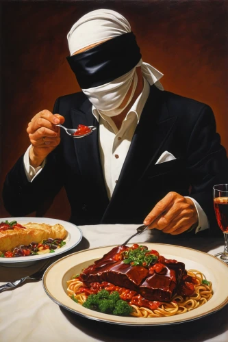 blindfold,appetite,blindfolded,sicilian cuisine,fine dining restaurant,antipasta,blind folded,culinary art,pizza service,restaurants online,waiter,italian cuisine,enjoy the meal,carpaccio,fine dining,cuisine,placemat,hunger,chef,food and wine,Illustration,American Style,American Style 07