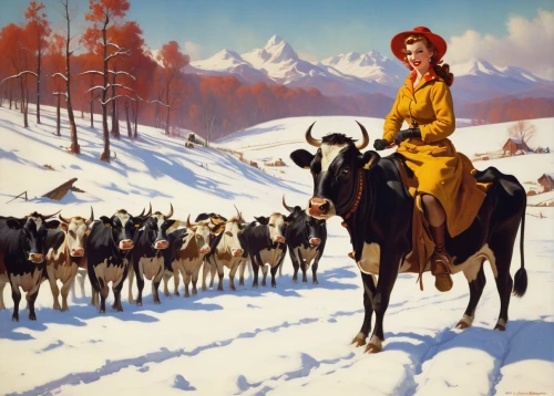 skijoring,mushing,sleigh ride,horse herder,lapponian herder,american frontier,covered wagon,cross-country equestrianism,cossacks,nomads,east-european shepherd,western riding,heidi country,snow scene,herder,winter service,pilgrims,1940 women,oxen,nomadic people,Illustration,Retro,Retro 10