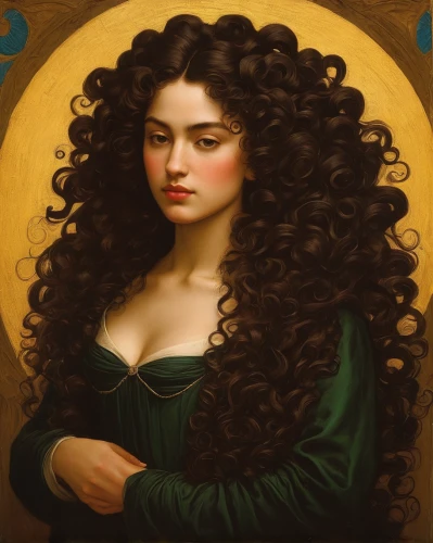 merida,fantasy portrait,rosa curly,portrait of a girl,cleopatra,medusa,oriental longhair,curly brunette,mona lisa,persian,lacerta,portrait of a woman,queen anne,gypsy hair,bouguereau,cepora judith,gorgon,mystical portrait of a girl,young woman,the mona lisa,Art,Classical Oil Painting,Classical Oil Painting 38