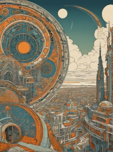 sci fiction illustration,copernican world system,fantasy city,panoramical,panopticon,steampunk,futuristic landscape,ancient city,planisphere,sci fi,city cities,moon phase,metropolis,scifi,lunar landscape,sci - fi,sci-fi,post-apocalyptic landscape,clockmaker,skywatch,Illustration,Retro,Retro 11