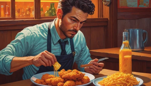 fried food,waiter,cooking book cover,diner,sci fiction illustration,appetite,businessman,southern cooking,fish and chips,dining,fish and chip,game illustration,chef's uniform,men chef,cheese puffs,merchant,cheese fried chicken,cuisine,fried chicken,arancini,Conceptual Art,Daily,Daily 25