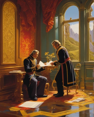 hans christian andersen,meticulous painting,chess game,monarchy,magistrate,courtship,wise men,council,church painting,the annunciation,exchange of ideas,game illustration,founding,mozartkugel,confer,benediction of god the father,court of law,priesthood,bach knights castle,academic dress,Conceptual Art,Sci-Fi,Sci-Fi 21