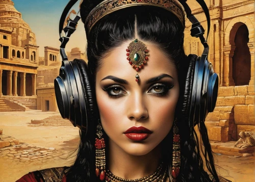 ancient egyptian girl,audiophile,audio player,bluetooth headset,orientalism,cleopatra,headphone,music fantasy,listening to music,indian woman,stereophonic sound,wireless headset,classical antiquity,indian art,head phones,bluetooth,earphone,headphones,handsfree,music book,Illustration,Realistic Fantasy,Realistic Fantasy 10