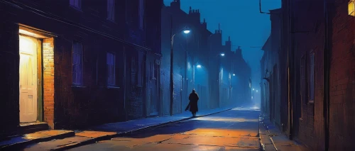 alleyway,alley,night scene,blue hour,blind alley,narrow street,midnight blue,evening atmosphere,blue light,world digital painting,alley cat,blue painting,blue rain,nocturnes,digital painting,blue lamp,atmospheric,before dawn,old linden alley,loneliness,Conceptual Art,Sci-Fi,Sci-Fi 22