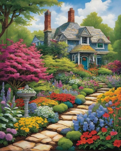 cottage garden,home landscape,flower garden,spring garden,splendor of flowers,flower painting,flower bed,summer cottage,english garden,landscaping,floral border,country cottage,flower border,yellow garden,roof landscape,gardens,house painting,summer border,azaleas,flower borders,Illustration,Realistic Fantasy,Realistic Fantasy 05