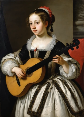 woman playing,woman playing violin,stringed instrument,portrait of a girl,violin woman,itinerant musician,string instrument,playing the guitar,classical guitar,girl with cloth,girl with bread-and-butter,plucked string instrument,young woman,bowed string instrument,portrait of a woman,musician,guitar player,young girl,arpeggione,guitar,Art,Classical Oil Painting,Classical Oil Painting 26