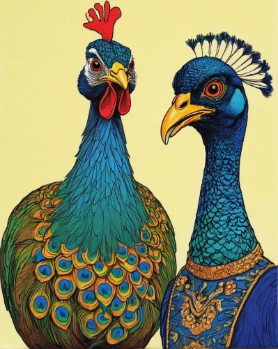 guinea fowl,bird couple,landfowl,parrot couple,folk art,portrait of a hen,anthropomorphized animals,vintage rooster,turkeys,poultry,peafowl,fowl,cockerel,bird painting,chickens,winter chickens,whimsical animals,avian flu,meleagris gallopavo,key birds,Illustration,American Style,American Style 14