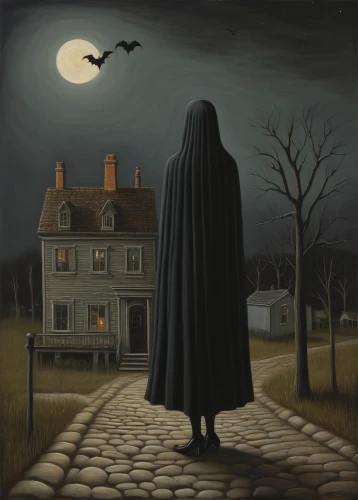 witch house,the haunted house,halloween poster,halloween illustration,halloween and horror,grim reaper,halloween ghosts,grimm reaper,sleepwalker,house silhouette,hooded man,halloween scene,night scene,the threshold of the house,dance of death,witch's house,nocturnal bird,haunted house,mystery book cover,haunted,Art,Artistic Painting,Artistic Painting 02