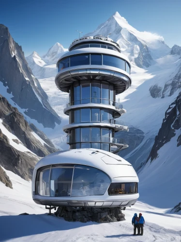 monte rosa hut,schilthorn,snowhotel,alpine hut,futuristic architecture,ortler winter,cube stilt houses,alpine style,futuristic landscape,mountain hut,mountain huts,snow shelter,solar cell base,snow roof,snow house,titlis,ski station,breithorn,gornergrat,grossglockner,Illustration,Realistic Fantasy,Realistic Fantasy 18