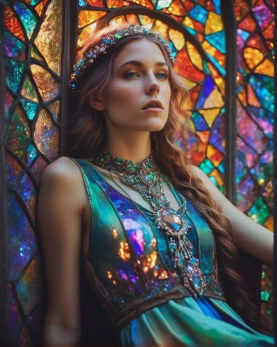 stained glass,jeweled,colorful glass,fairy peacock,boho,mystical portrait of a girl,embellished,iridescent,boho art,bohemian,stained glass windows,girl in a wreath,faery,fantasy portrait,peacock,colorful light,crystal ball-photography,stained glass pattern,gypsy soul,prismatic,Photography,General,Natural