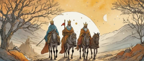 travelers,nomads,guards of the canyon,three wise men,pilgrims,digital nomads,druids,the three wise men,the three magi,afar tribe,ancient parade,hikers,journey,monks,barren,sadhus,forest workers,camel caravan,wolves,horsetail family,Illustration,Realistic Fantasy,Realistic Fantasy 12