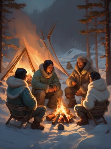 campfire,campfires,warmth,camp fire,warm and cozy,ice fishing,nomads,eskimo,fireside,campers,russian winter,game illustration,warming,digital nomads,scouts,nordic christmas,winter trip,hygge,forest workers,camping,Conceptual Art,Fantasy,Fantasy 01