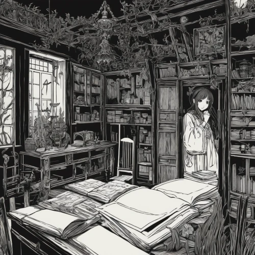apothecary,bookshop,bookstore,greenhouse,book store,witch house,book illustration,the girl studies press,garden shed,flower shop,witch's house,abandoned room,pantry,bookcase,study room,classroom,novels,tea and books,the little girl's room,sewing room,Illustration,Japanese style,Japanese Style 10