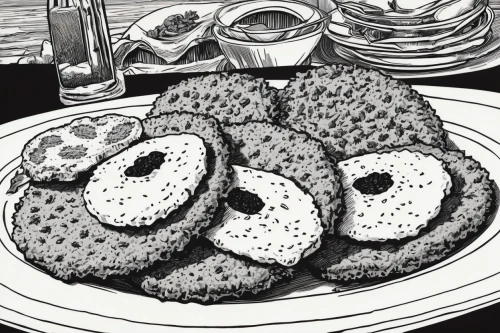 still life with jam and pancakes,oatcake,bagels,pan de muerto,cherimoya,bread rolls,soda bread,breads,trypophobia,bread eggs,sprouted bread,bread spread,malasada,pitahaya,bialy,jacket potatoes,zentangle,plate of pancakes,hamburger plate,poppy seed,Illustration,Black and White,Black and White 18