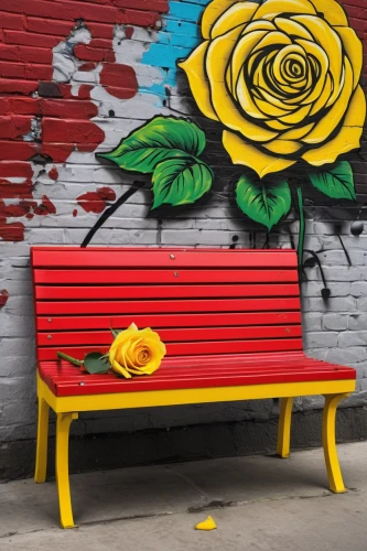 yellow rose on red bench,red bench,yellow rose on rail,outdoor bench,garden bench,park bench,yellow rose background,wooden bench,bench,red-yellow rose,street furniture,man on a bench,wood bench,school benches,benches,flower cart,yellow rose,yellow wall,urban street art,bench by the sea,Conceptual Art,Graffiti Art,Graffiti Art 01