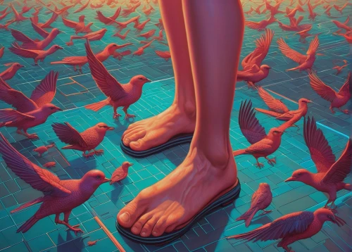 flamingos,bird feet,feet,barefoot,sci fiction illustration,holding shoes,flamingo,pink flamingos,fallen petals,witch's legs,flying seeds,flamingoes,foot,red shoes,foot model,scarlet ibis,pink shoes,bird's foot,migration,footsteps,Conceptual Art,Daily,Daily 25