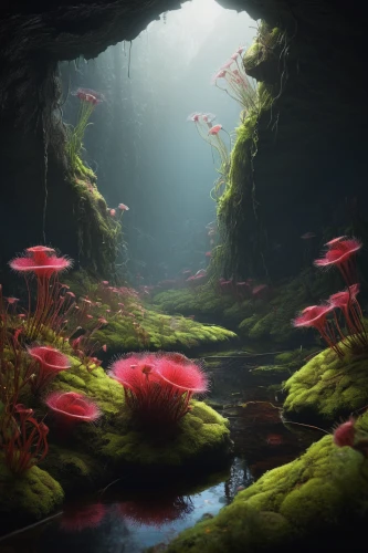 underwater landscape,underwater oasis,mushroom landscape,aquatic plants,underground lake,red anemones,forest anemone,underwater background,sea cave,anemones,mushroom island,fairy forest,aquarium,red anemone,cave on the water,fairy world,coral reef,undersea,anemone japan,lotuses,Photography,Artistic Photography,Artistic Photography 13