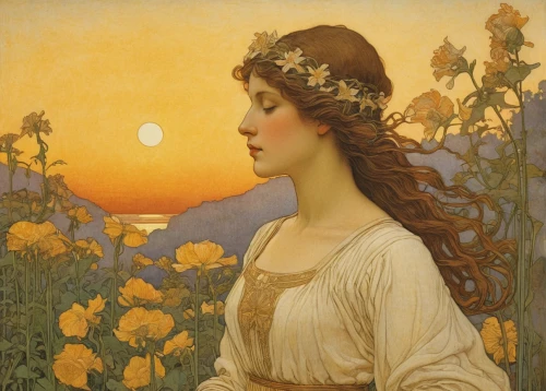 mucha,sun flowers,girl in flowers,yellow sun rose,sun flower,summer solstice,girl in the garden,sun bride,art nouveau,marguerite,girl picking flowers,woman of straw,marigold,idyll,alfons mucha,bibernell rose,flower in sunset,the garden marigold,young woman,sun roses,Illustration,Retro,Retro 01