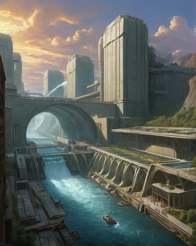 futuristic landscape,imperial shores,ancient city,futuristic architecture,industrial landscape,artificial island,fantasy landscape,atlantis,hydropower plant,futuristic art museum,sci fiction illustration,harbour city,fantasy city,post-apocalyptic landscape,mining facility,terraforming,artificial islands,hydroelectricity,industrial area,shipyard,Illustration,Realistic Fantasy,Realistic Fantasy 22