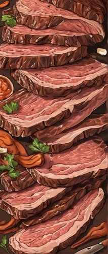 flank steak,pancetta,bacon,meats,black forest ham,pastrami,cured meat,bacon tree,jamón,salumi,raw meat,cow waygu pan,muscular system,meat,carnivorous,meat analogue,meat products,chinese sausage,lardon,mortadella,Illustration,Japanese style,Japanese Style 07