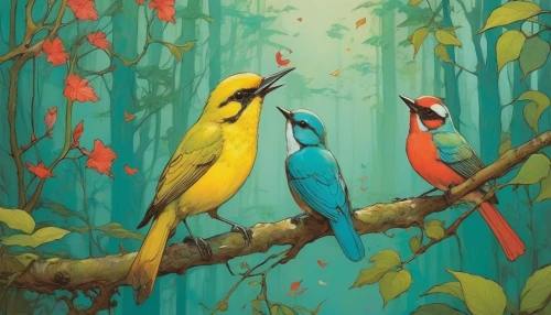 birds on a branch,tropical birds,birds on branch,colorful birds,bird painting,couple macaw,toucans,songbirds,passerine parrots,golden parakeets,parrots,parrot couple,bird couple,macaws,rare parrots,yellow-green parrots,hummingbirds,wild birds,macaws of south america,macaws blue gold,Illustration,Paper based,Paper Based 17