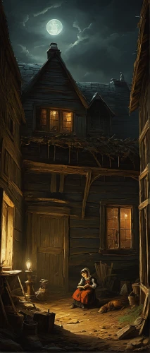 night scene,wooden houses,log cabin,log home,game illustration,lonely house,wooden house,traditional house,wooden hut,witch's house,the cabin in the mountains,ancient house,halloween background,world digital painting,mountain settlement,concept art,tavern,moonshine,farmstead,old home,Art,Classical Oil Painting,Classical Oil Painting 08