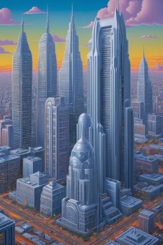 skyscrapers,metropolis,cityscape,san diego skyline,skyscraper town,city skyline,skyscraper,sky city,los angeles,city cities,dystopian,skycraper,tall buildings,fantasy city,futuristic landscape,cities,futuristic architecture,the skyscraper,business district,dystopia,Illustration,Retro,Retro 16