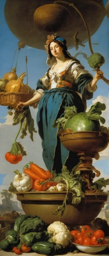 woman holding pie,cornucopia,woman eating apple,vegetables landscape,cart of apples,sicilian cuisine,flying food,girl in the kitchen,ribollita,picking vegetables in early spring,basket of fruit,girl with cereal bowl,crudités,bolognese sauce,cepora judith,basket with apples,grocer,la nascita di venere,fruit bowl,mirepoix,Art,Classical Oil Painting,Classical Oil Painting 40