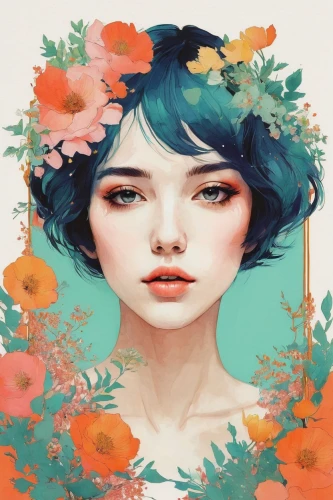 flora,girl in flowers,digital illustration,floral background,floral poppy,digital painting,digital art,colorful floral,fantasy portrait,chrysanths,girl in a wreath,japanese floral background,peony,falling flowers,hydrangeas,芦ﾉ湖,blue chrysanthemum,blooming wreath,hydrangea,flower painting,Illustration,Paper based,Paper Based 19