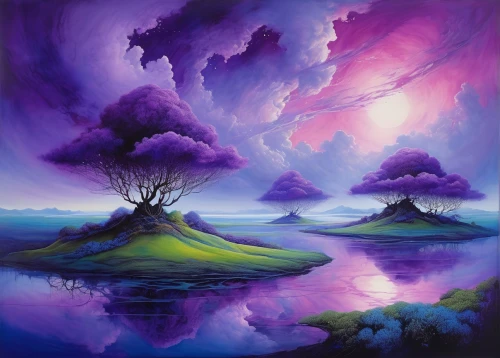 purple landscape,mushroom landscape,fantasy landscape,purple,lilac tree,an island far away landscape,volcanic landscape,landscape background,sailing blue purple,purpleabstract,jacaranda trees,nature landscape,purple pageantry winds,mushroom island,fantasy picture,la violetta,purple background,jacaranda,fantasy art,high landscape,Illustration,Paper based,Paper Based 15